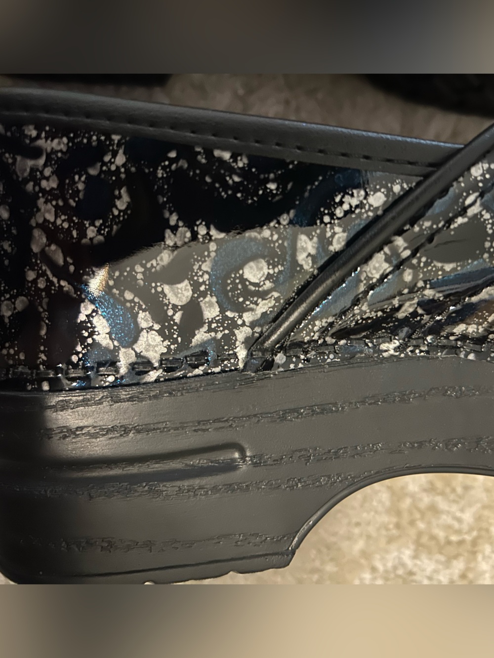 Dansko slip on clogs. Shiny, black, silver, & blue, leather. - Picture 5 of 10